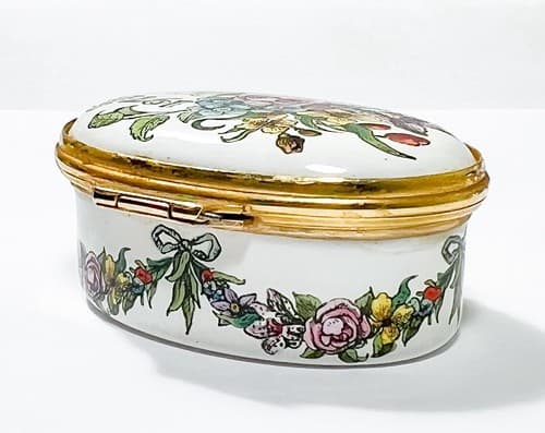 BILSTON & BATTERSEA ENAMELS Halcyon Days Hand Painted Floral 1978 Trinket Box - Thumbnail 3