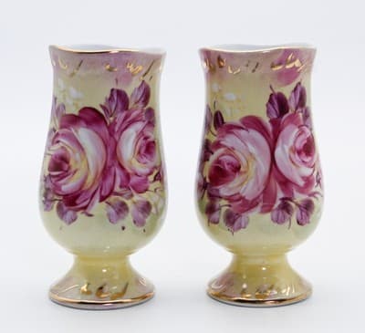 Pair Of Vintage LIMOGES China Hand Painted Pink Roses Flower Porcelain Vases - Thumbnail 6