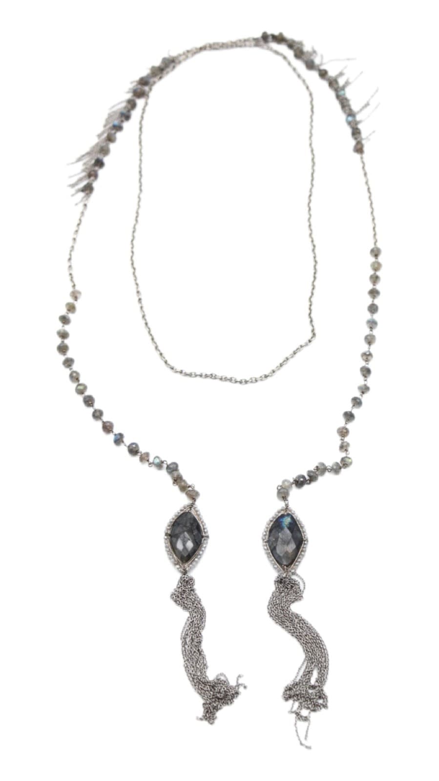 Gray Labradorite Silver Tone Chain Long Pendant Beaded Tassel Necklace - Image 1
