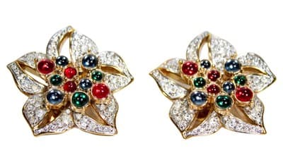 Vintage Ear Clip On Floral Motif Multicolor Cabochon Gold Tone Earrings - Image 1