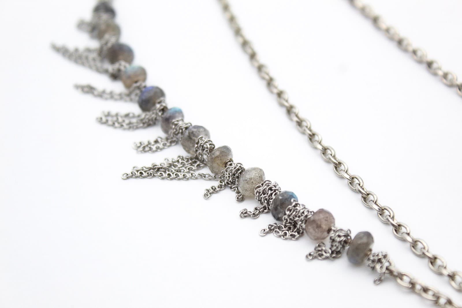 Gray Labradorite Silver Tone Chain Long Pendant Beaded Tassel Necklace - Thumbnail 6