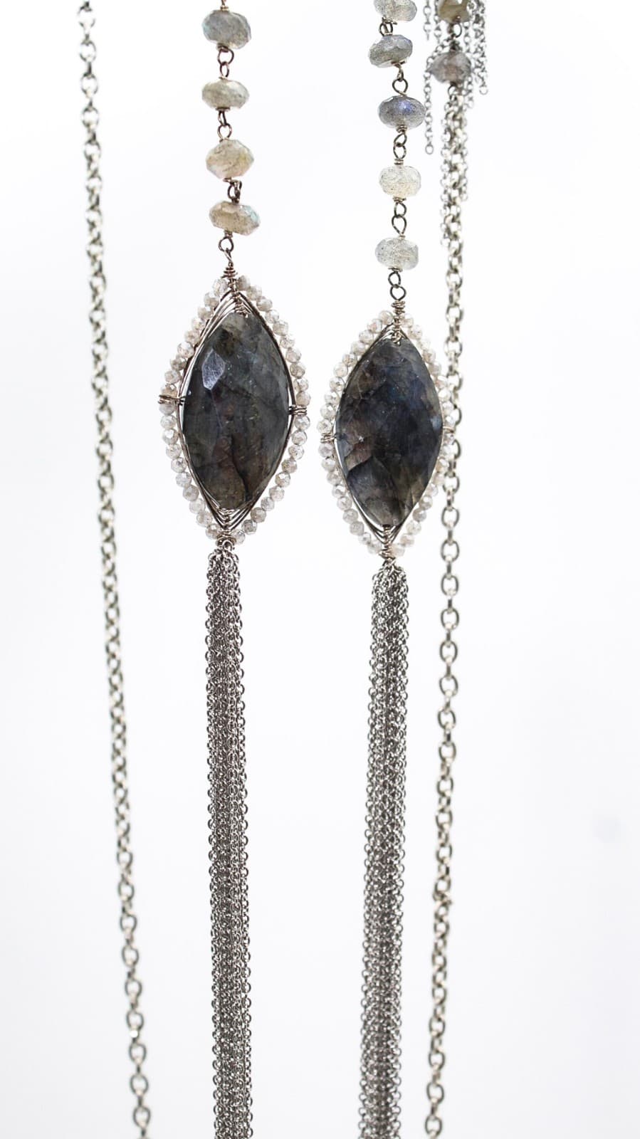 Gray Labradorite Silver Tone Chain Long Pendant Beaded Tassel Necklace - Thumbnail 9