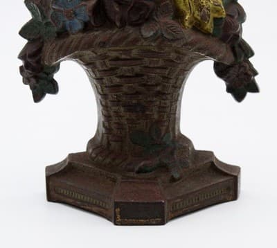 Antique Cast Iron Cold Painted Multicolor Floral Bouquet Small Doorstop - Thumbnail 3