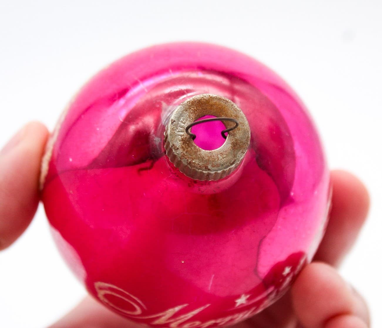Vintage Shiny Brite Hot Pink Stenciled Merry Christmas Glass Ball Ornament USA - Thumbnail 4