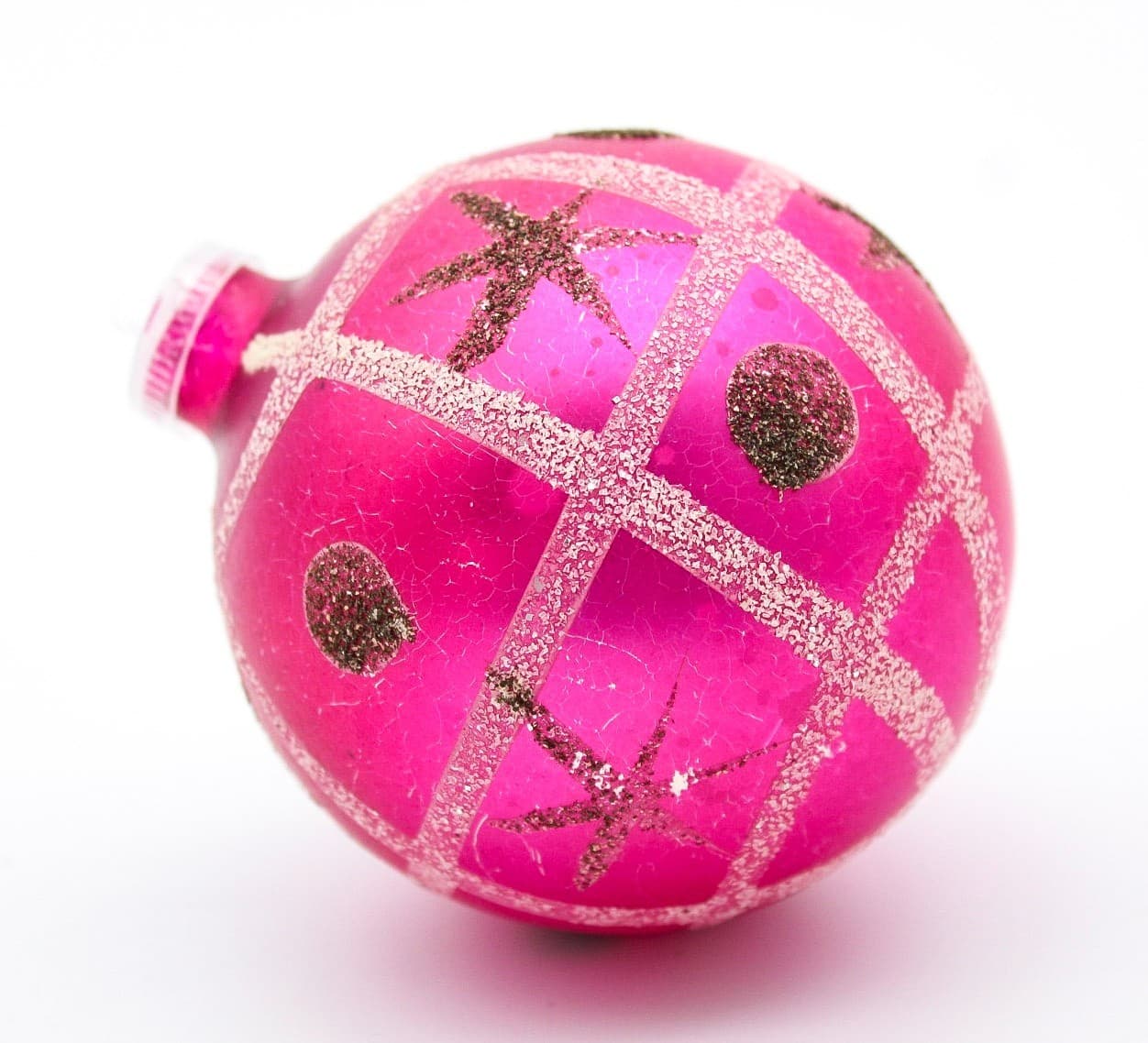 Vintage West Germany White Glitter Star Pattern Pink Glass Christmas Ornament - Thumbnail 6