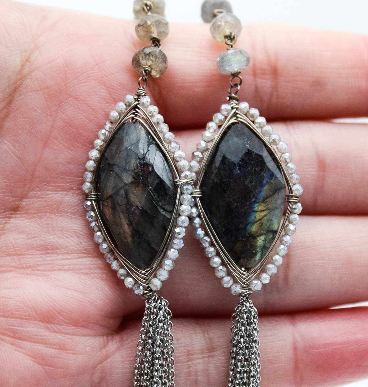 Gray Labradorite Silver Tone Chain Long Pendant Beaded Tassel Necklace - Thumbnail 8