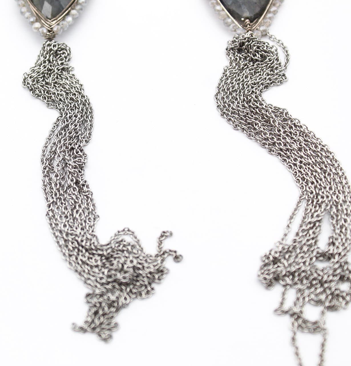 Gray Labradorite Silver Tone Chain Long Pendant Beaded Tassel Necklace - Thumbnail 3