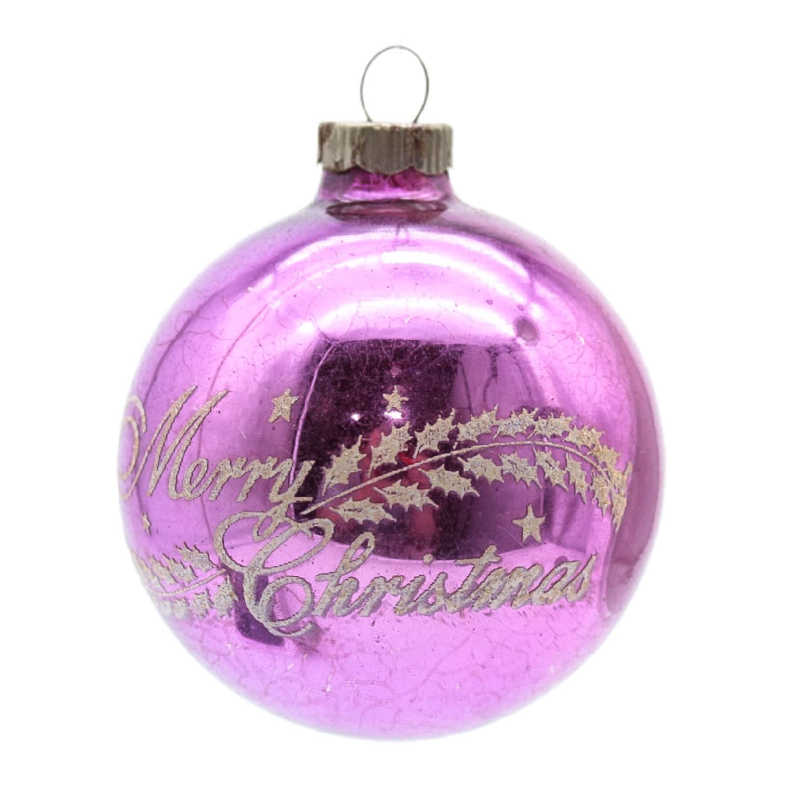Vintage Shiny Brite Purple Merry Christmas Stencil Mercury Glass Ornament - Image 1