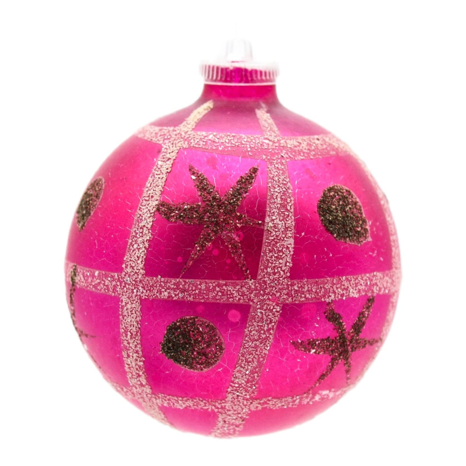 Vintage West Germany White Glitter Star Pattern Pink Glass Christmas Ornament - Image 1