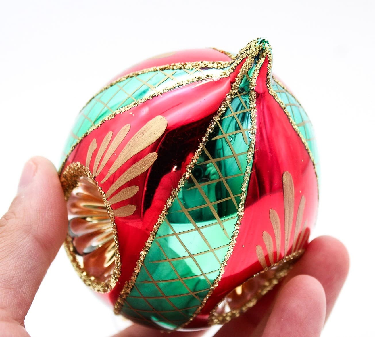 Vintage Retro Reflector Red Green Indent Blown Glass Christmas Ornament - Thumbnail 5