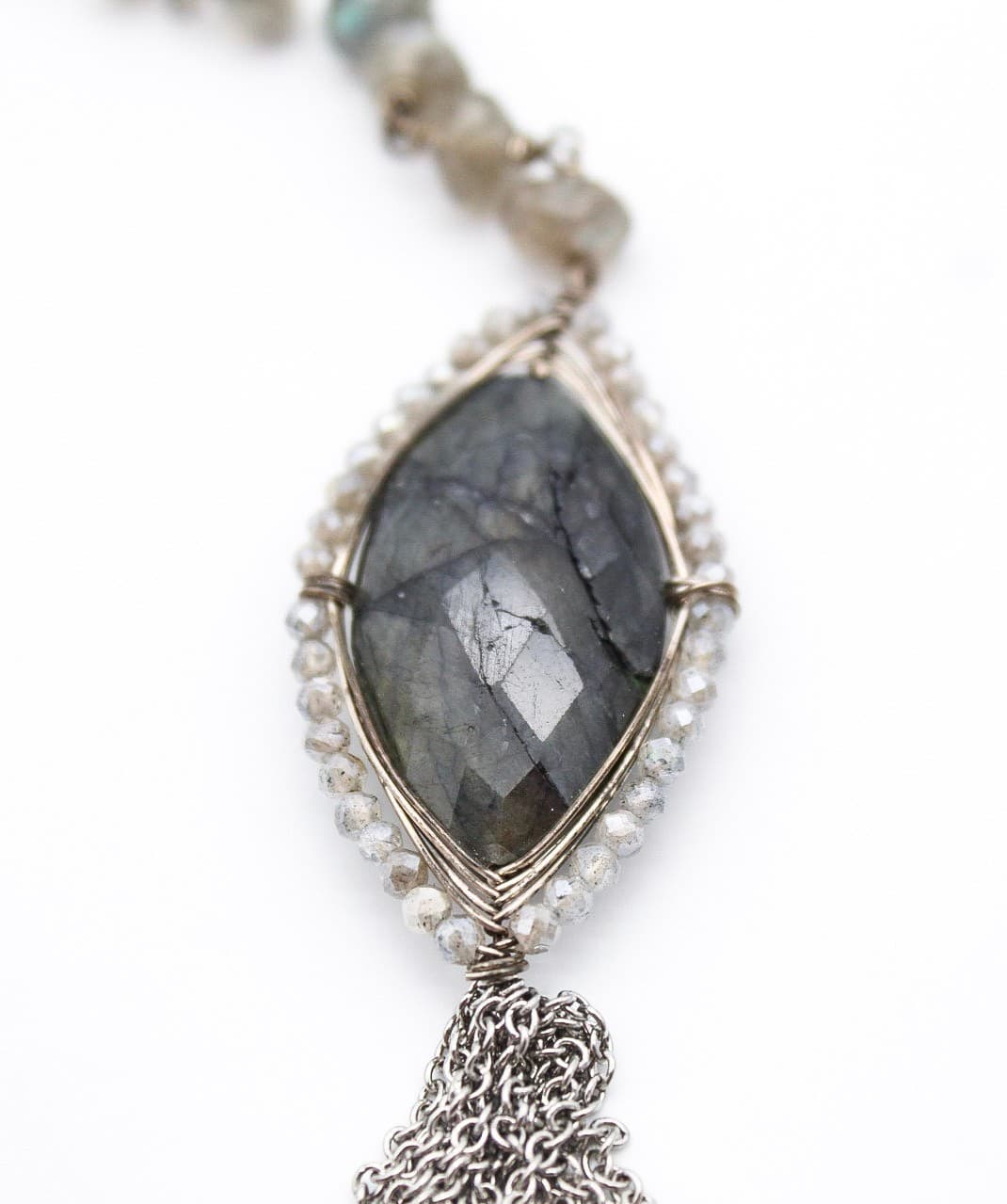 Gray Labradorite Silver Tone Chain Long Pendant Beaded Tassel Necklace - Thumbnail 4