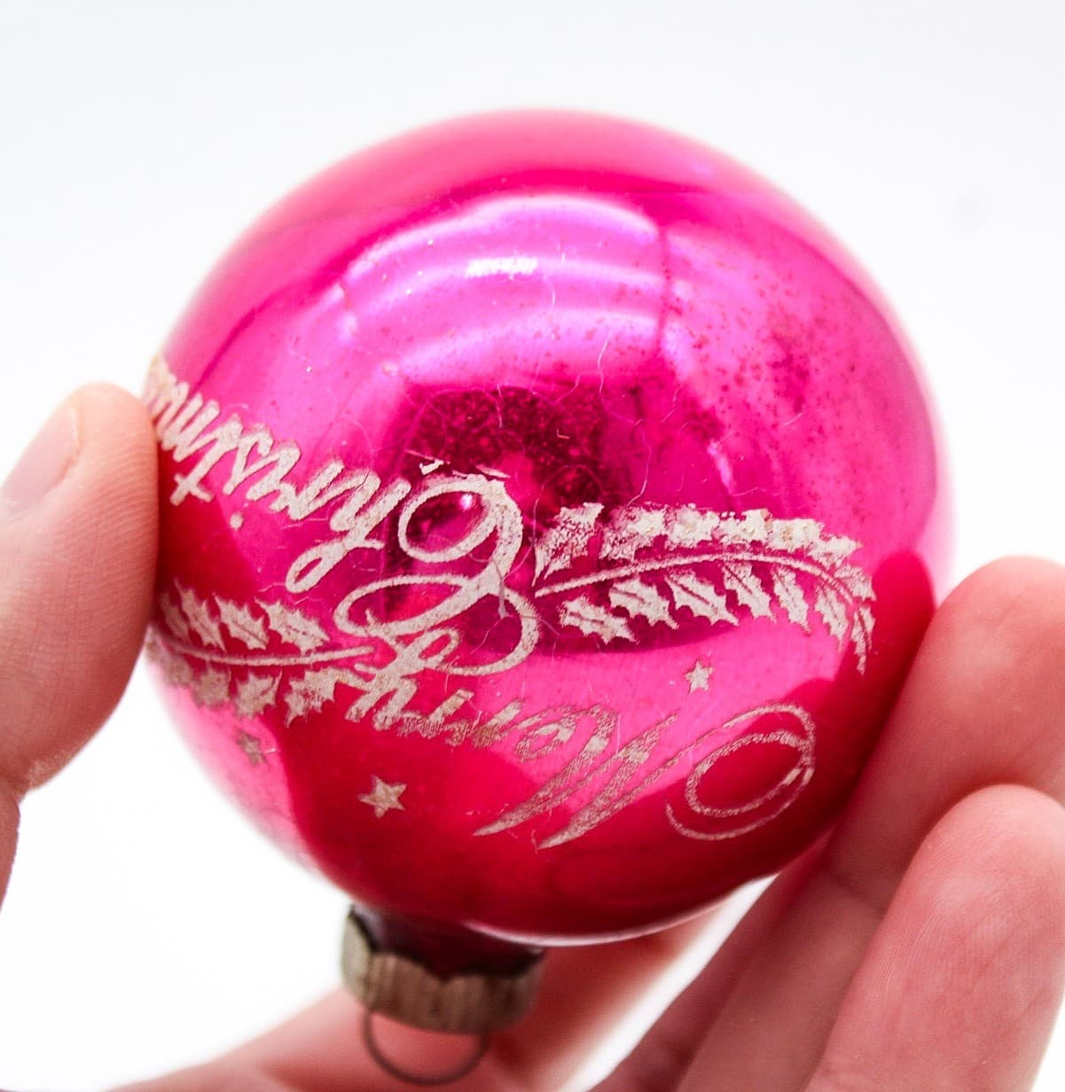 Vintage Shiny Brite Hot Pink Stenciled Merry Christmas Glass Ball Ornament USA - Thumbnail 5