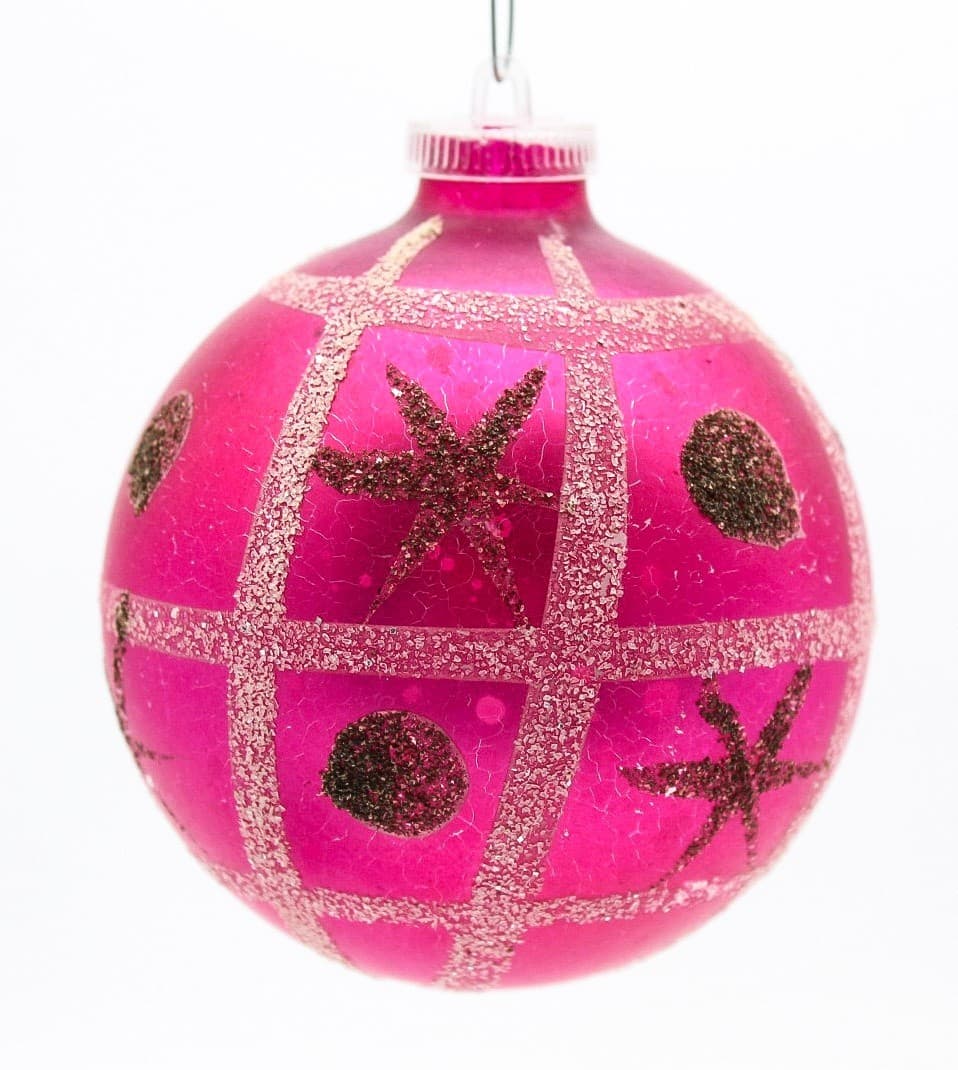 Vintage West Germany White Glitter Star Pattern Pink Glass Christmas Ornament - Thumbnail 7