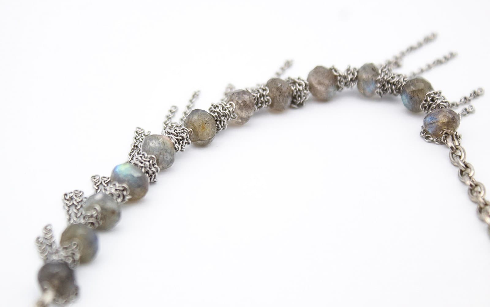 Gray Labradorite Silver Tone Chain Long Pendant Beaded Tassel Necklace - Thumbnail 7