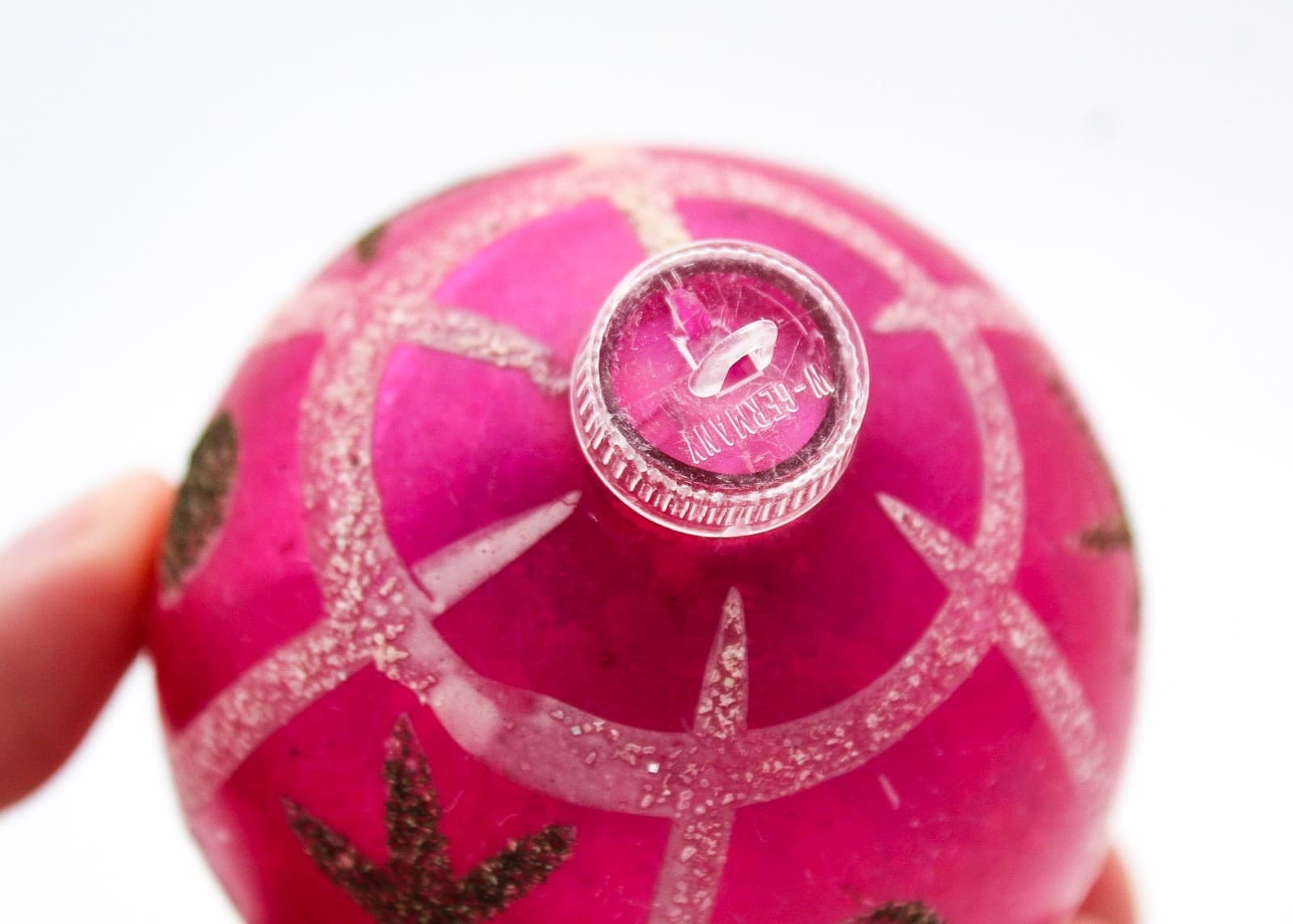 Vintage West Germany White Glitter Star Pattern Pink Glass Christmas Ornament - Thumbnail 4