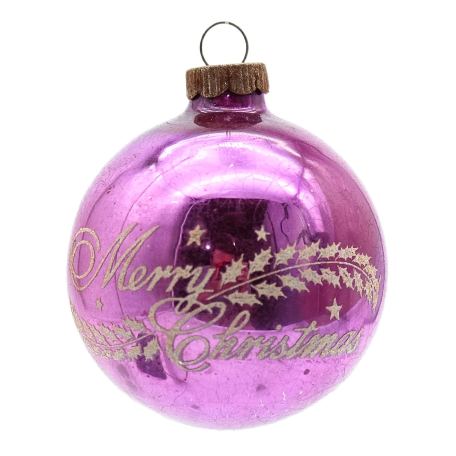 Vintage Shiny Brite Merry Christmas Stencil Purple Mercury Glass Ornament