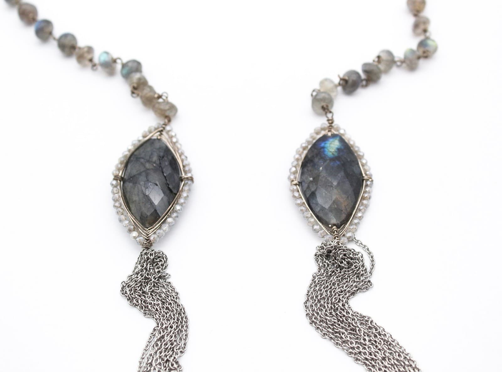 Gray Labradorite Silver Tone Chain Long Pendant Beaded Tassel Necklace - Thumbnail 2
