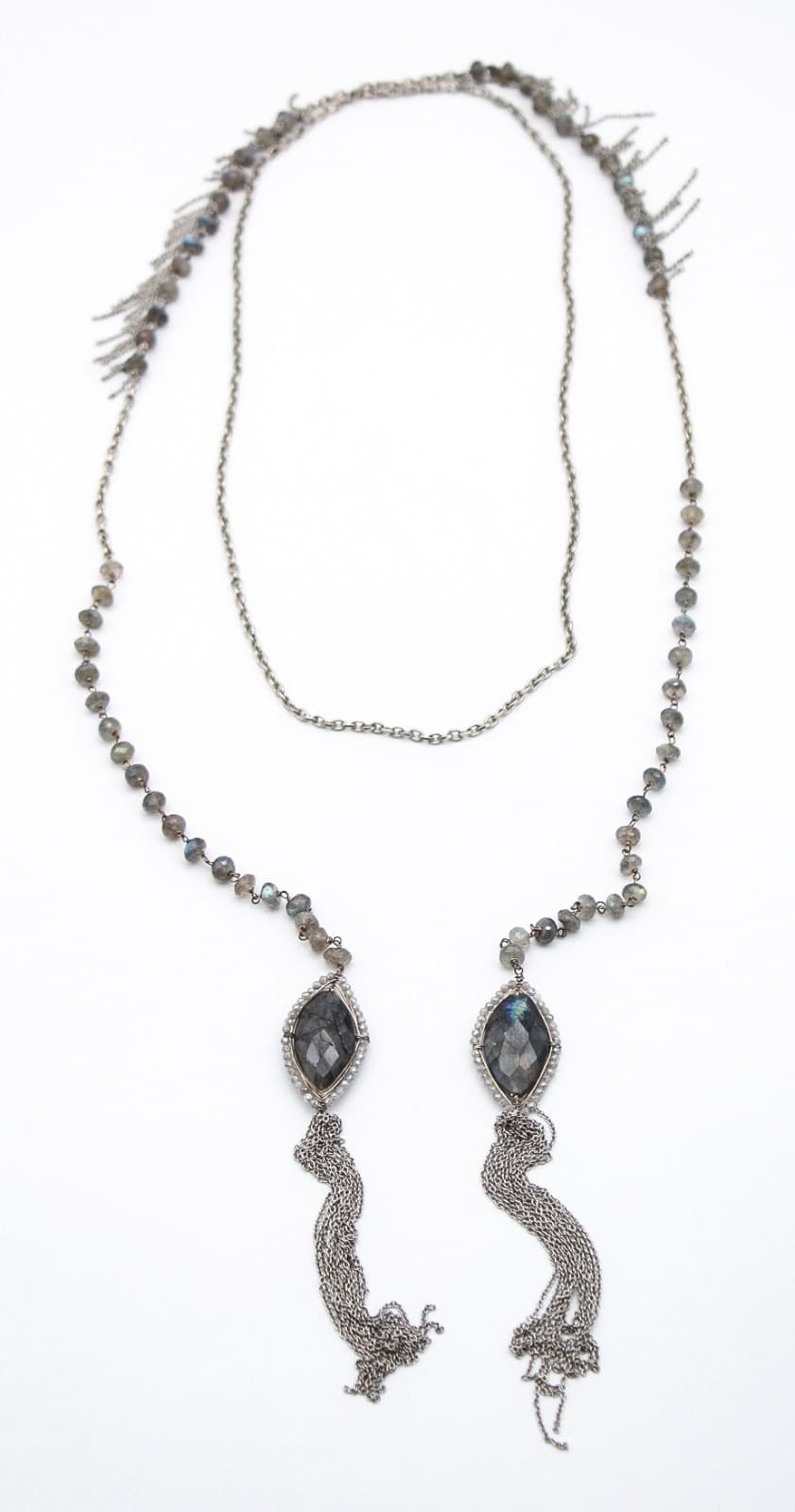 Gray Labradorite Silver Tone Chain Long Pendant Beaded Tassel Necklace - Thumbnail 10