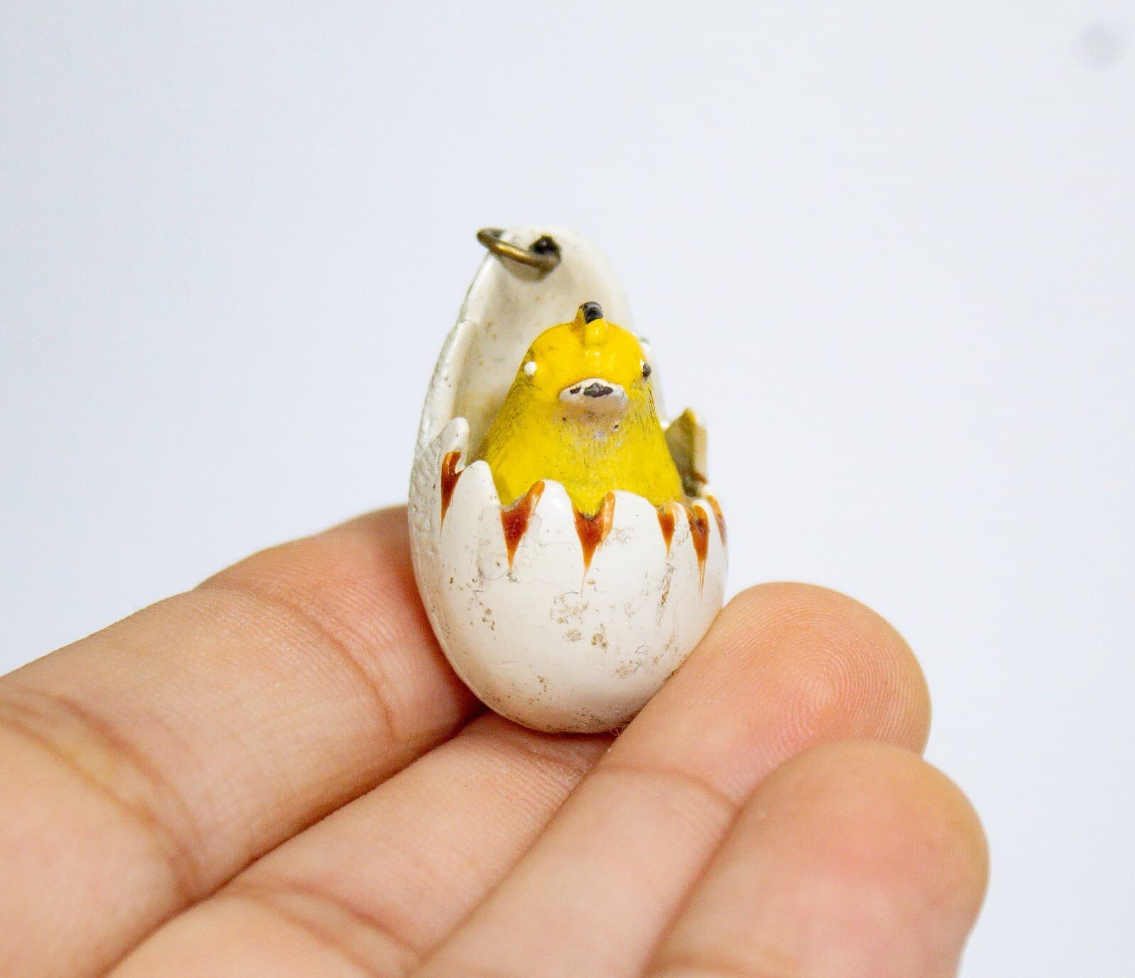 Vintage Metal Hand Painted Miniature Yellow Chick Hatching Egg Figurine Pendant - Thumbnail 2