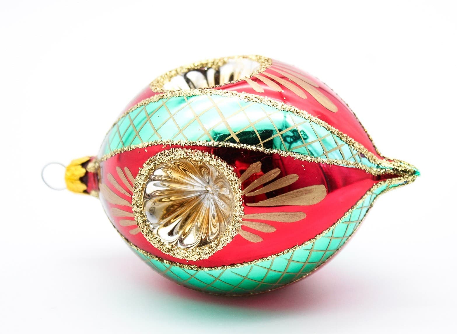 Vintage Retro Reflector Red Green Indent Blown Glass Christmas Ornament - Thumbnail 6