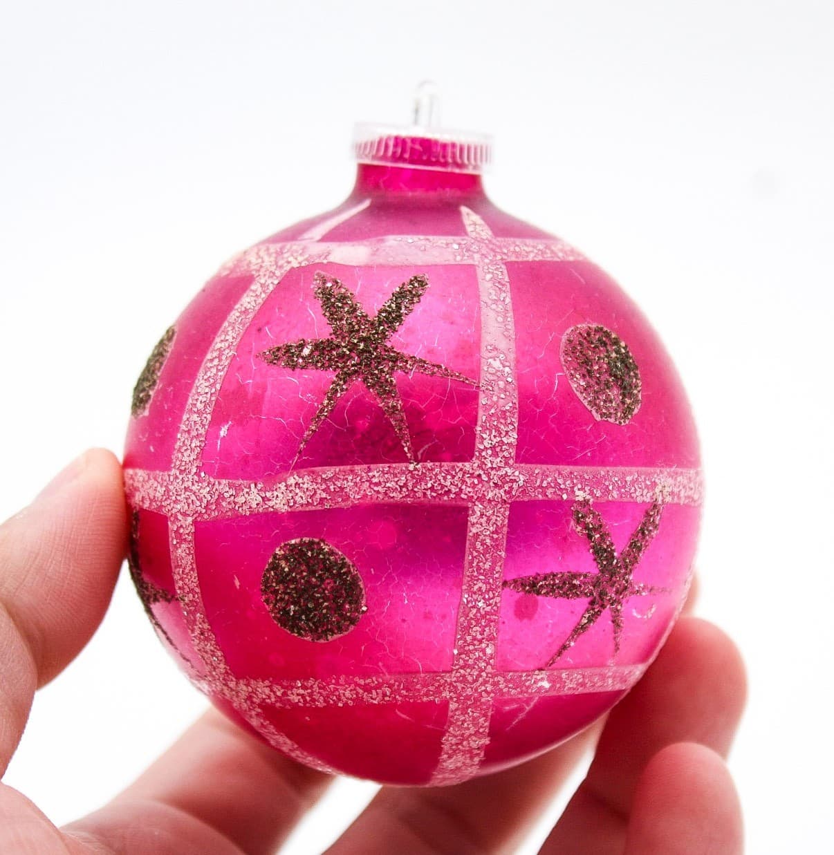 Vintage West Germany White Glitter Star Pattern Pink Glass Christmas Ornament - Thumbnail 3