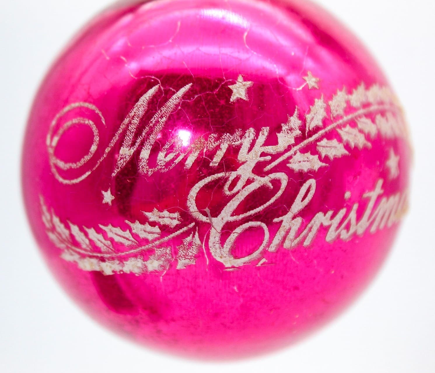 Vintage Shiny Brite Hot Pink Stenciled Merry Christmas Glass Ball Ornament USA - Thumbnail 2