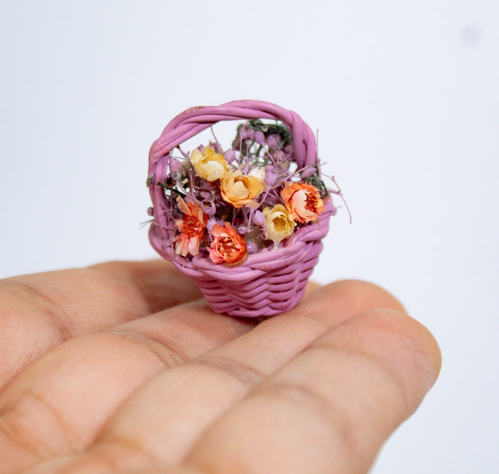 Vintage Miniature Pink Multicolor Flower Basket Figurine - Thumbnail 2