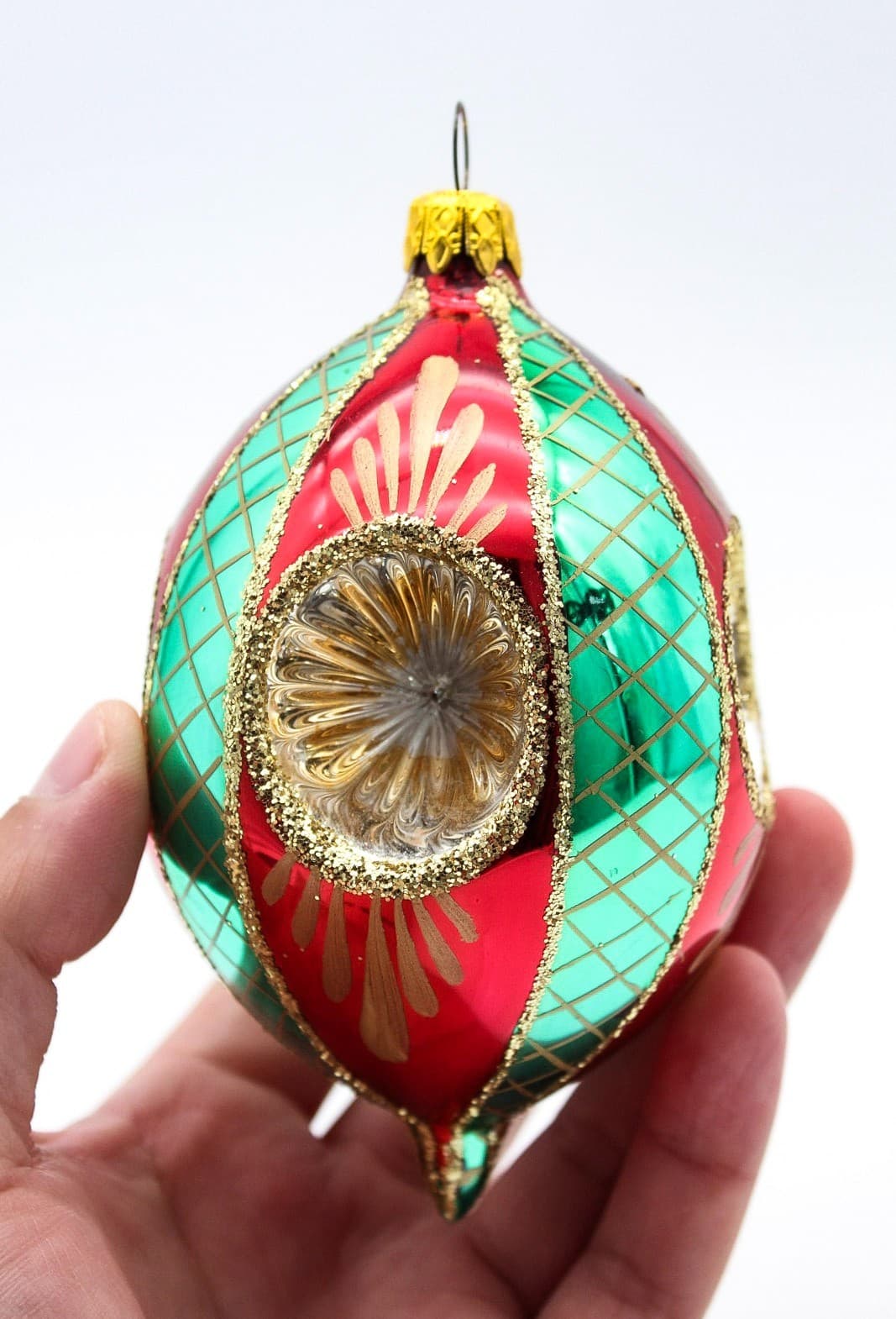 Vintage Retro Reflector Red Green Indent Blown Glass Christmas Ornament - Thumbnail 3