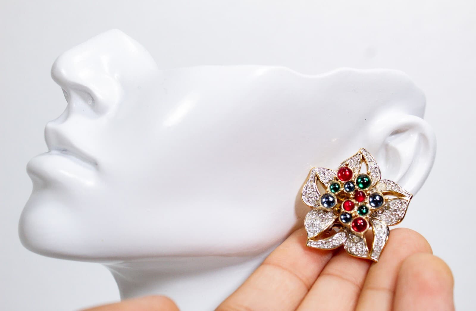 Vintage Ear Clip On Floral Motif Multicolor Cabochon Gold Tone Earrings - Thumbnail 3