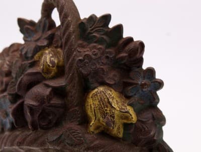 Antique Cast Iron Cold Painted Multicolor Floral Bouquet Small Doorstop - Thumbnail 4