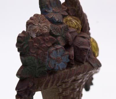 Antique Cast Iron Cold Painted Multicolor Floral Bouquet Small Doorstop - Thumbnail 5