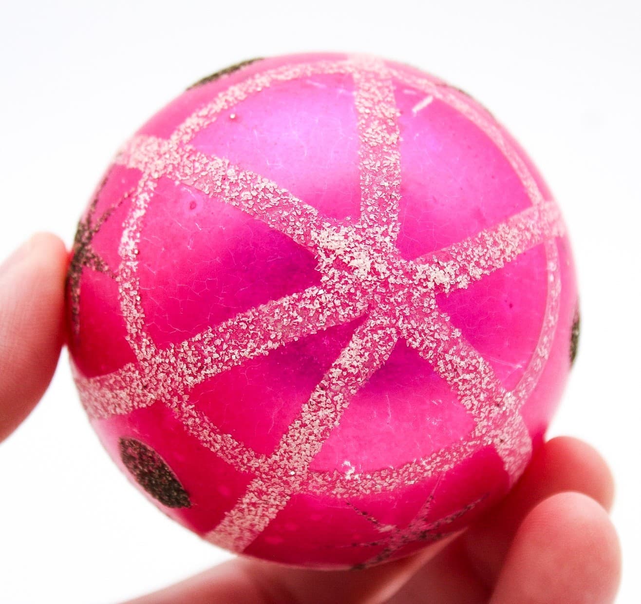 Vintage West Germany White Glitter Star Pattern Pink Glass Christmas Ornament - Thumbnail 5