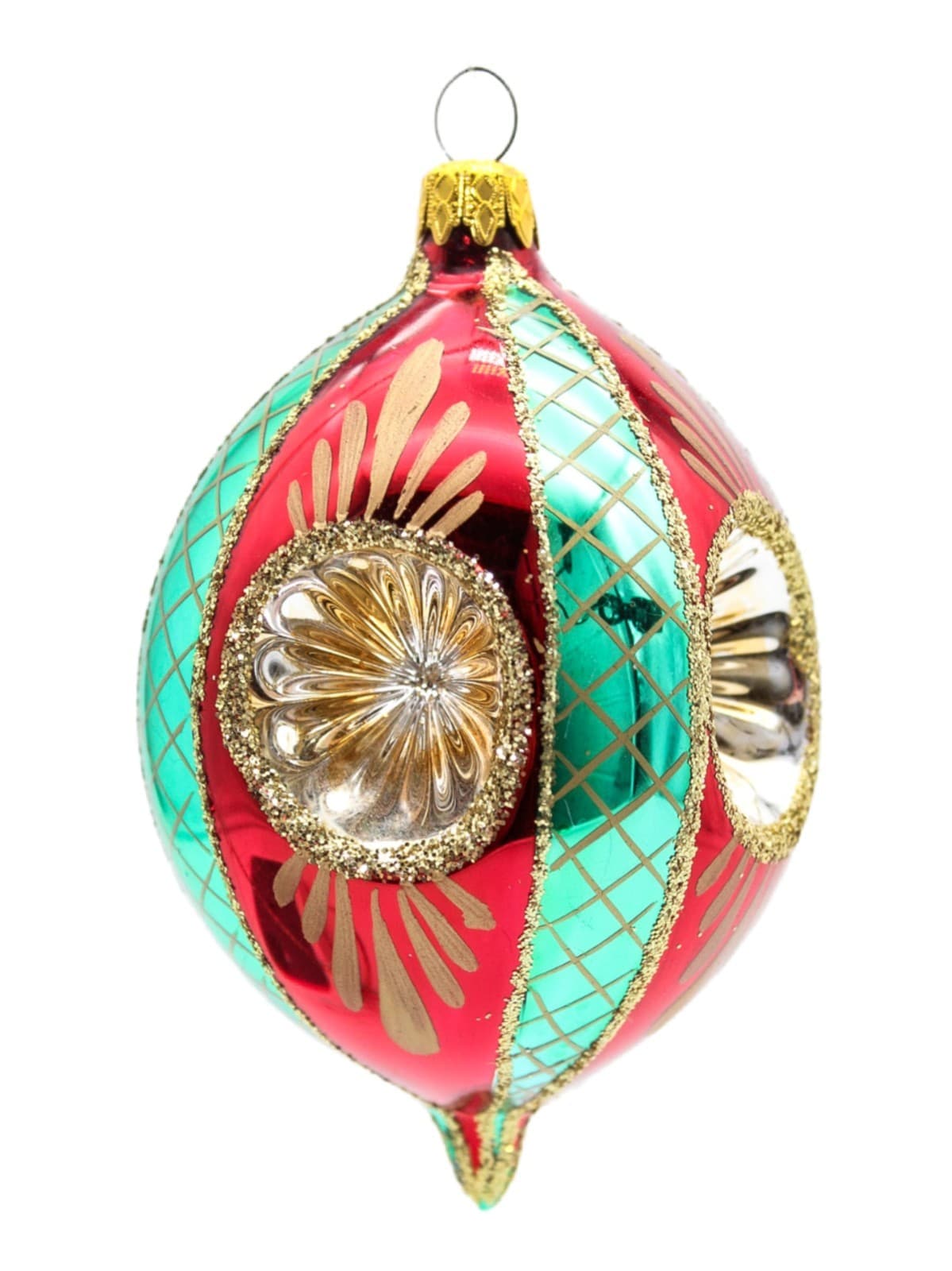 Vintage Retro Reflector Red Green Indent Blown Glass Christmas Ornament - Image 1