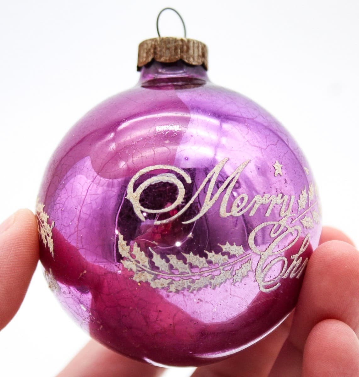 Vintage Shiny Brite Merry Christmas Stencil Purple Mercury Glass Ornament - Thumbnail 3