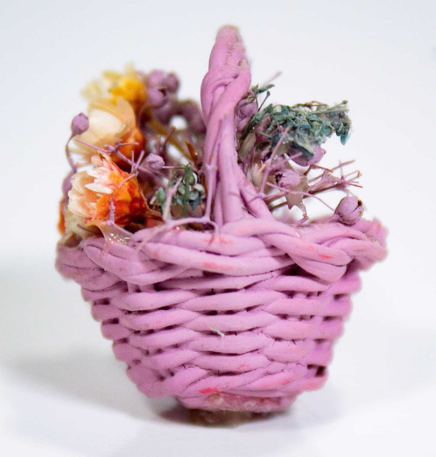 Vintage Miniature Pink Multicolor Flower Basket Figurine - Thumbnail 5