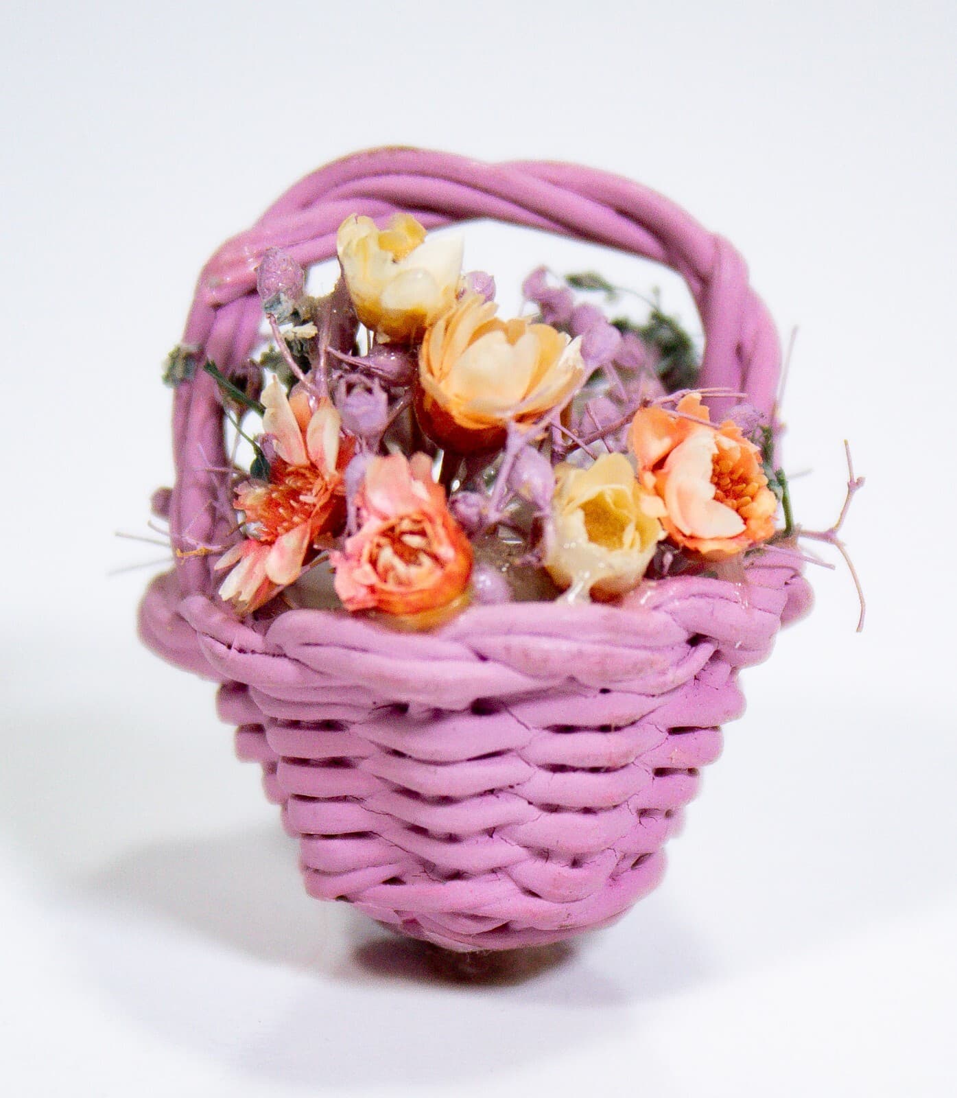 Vintage Miniature Pink Multicolor Flower Basket Figurine - Thumbnail 6