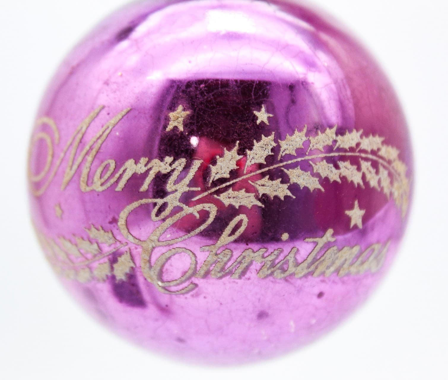 Vintage Shiny Brite Purple Merry Christmas Stencil Mercury Glass Ornament - Thumbnail 2