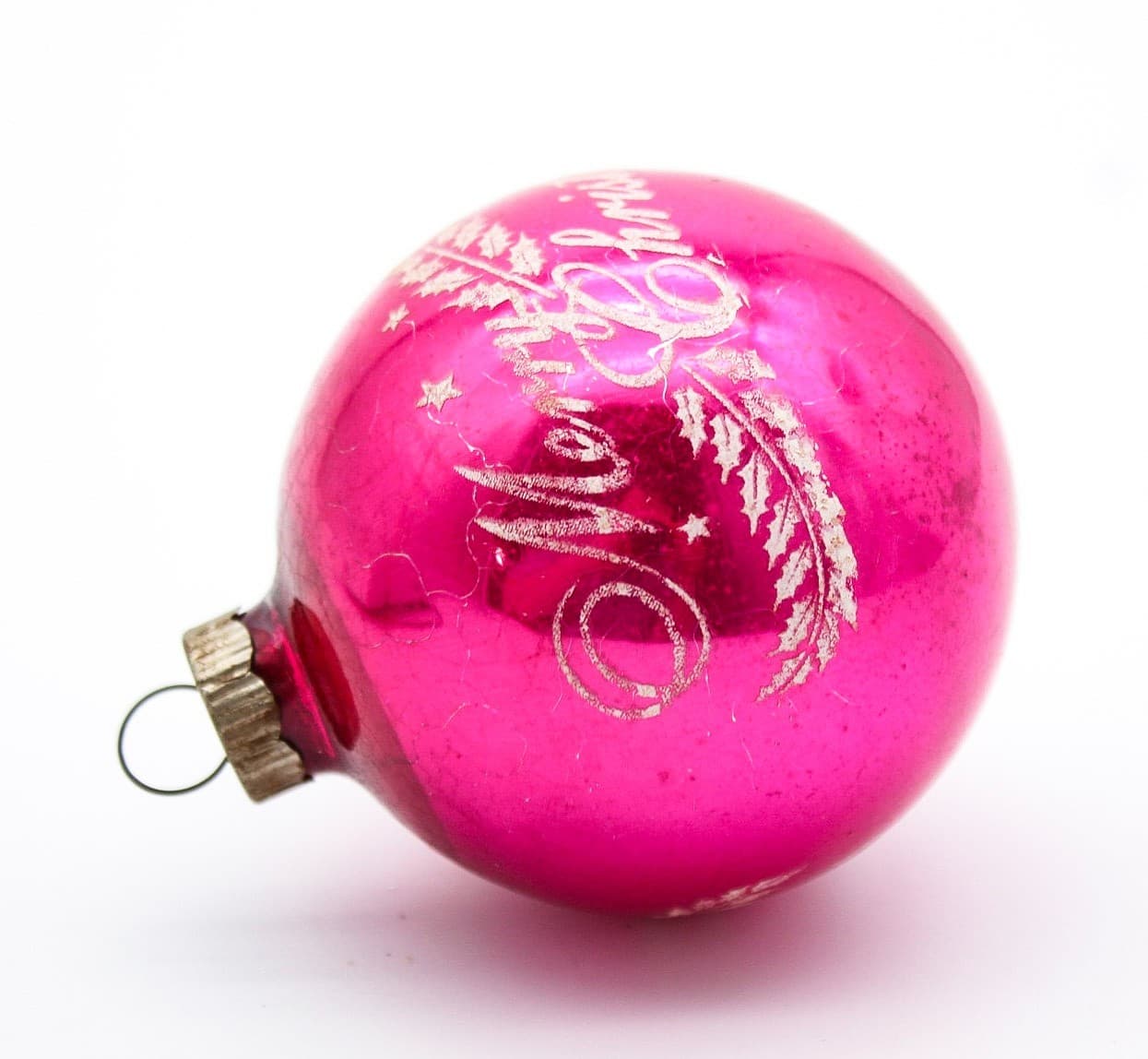 Vintage Shiny Brite Hot Pink Stenciled Merry Christmas Glass Ball Ornament USA - Thumbnail 6