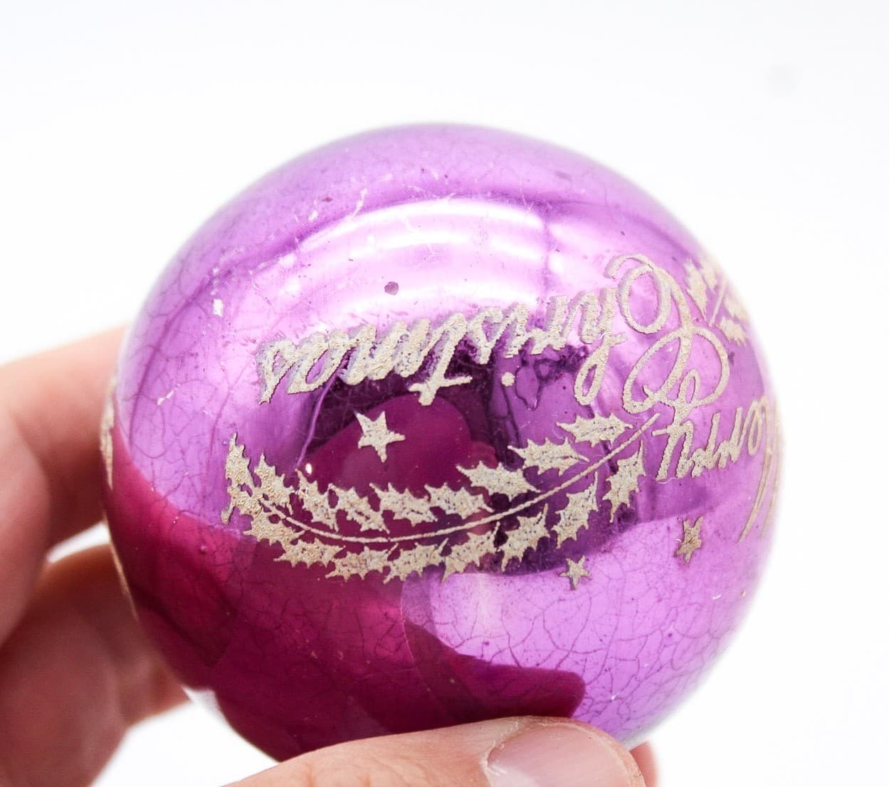 Vintage Shiny Brite Purple Merry Christmas Stencil Mercury Glass Ornament - Thumbnail 5