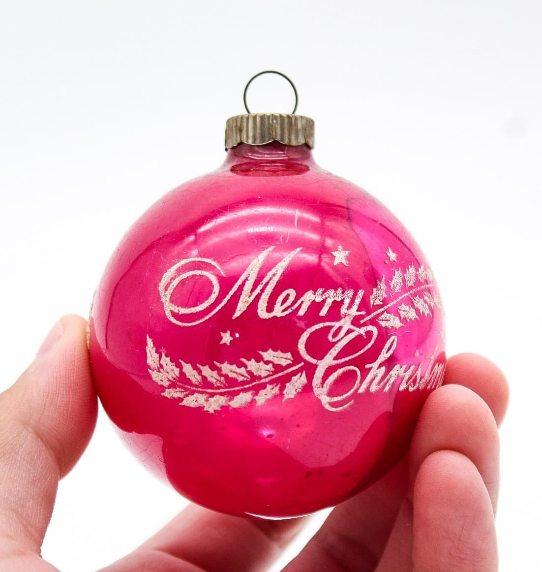 Vintage Shiny Brite Hot Pink Stenciled Merry Christmas Glass Ball Ornament USA - Thumbnail 3