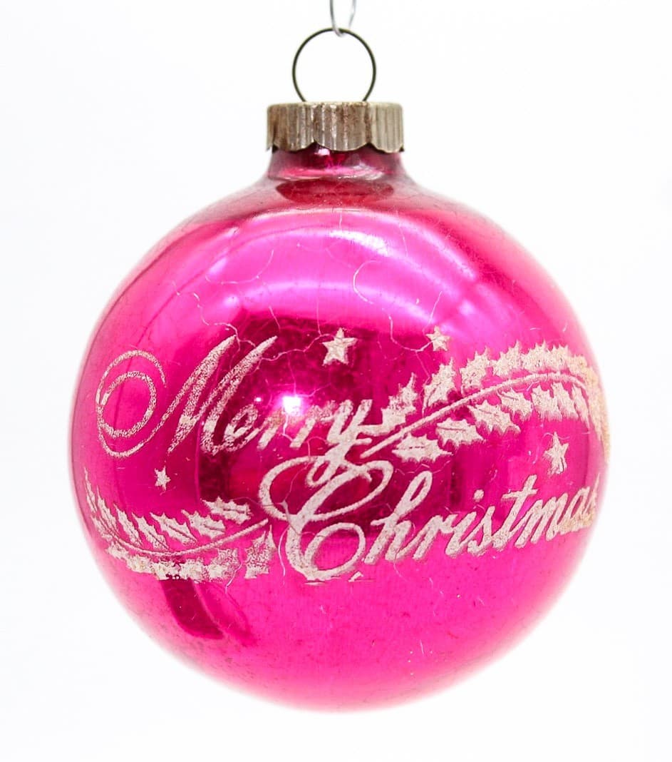 Vintage Shiny Brite Hot Pink Stenciled Merry Christmas Glass Ball Ornament USA - Thumbnail 7