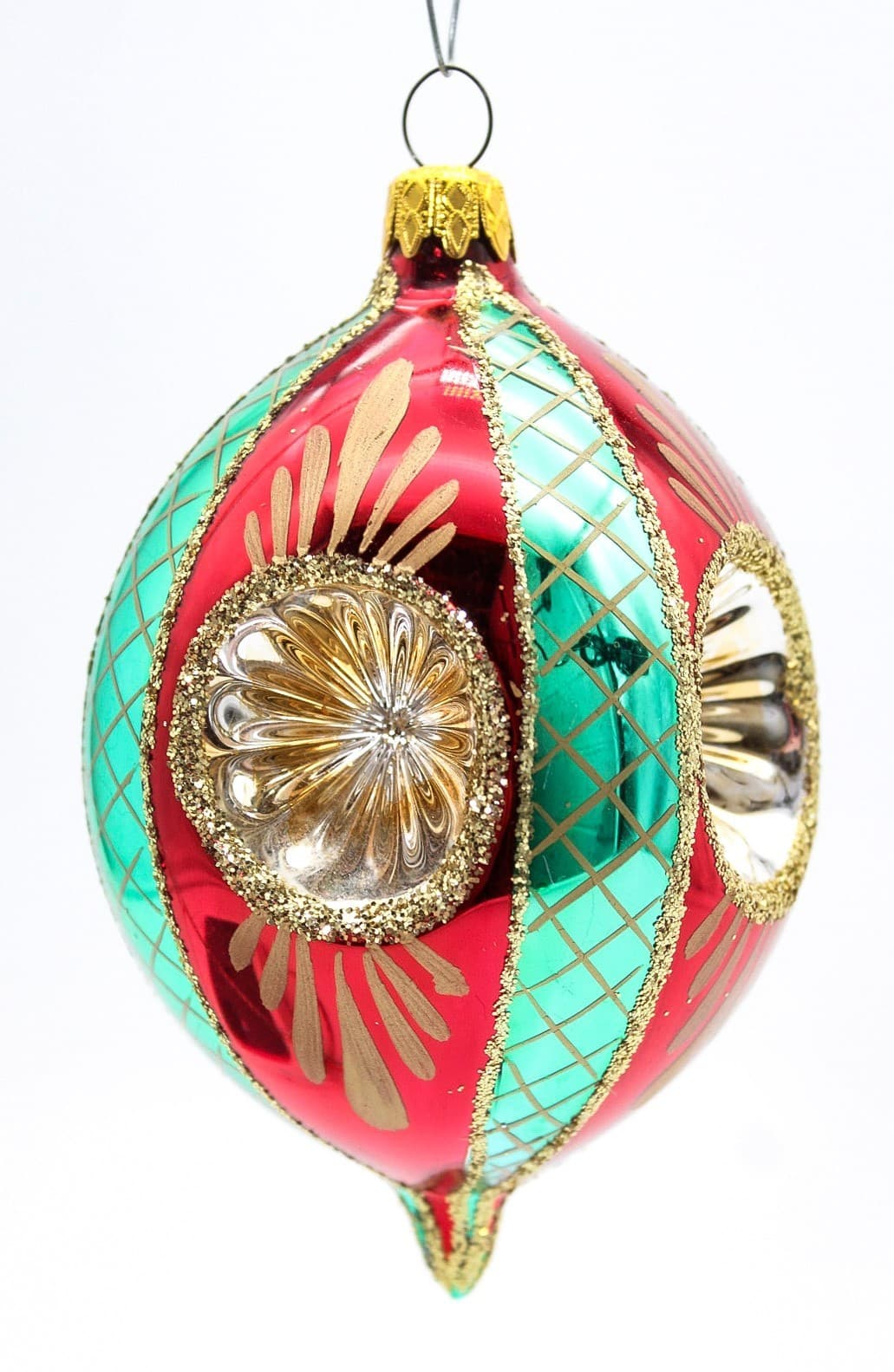 Vintage Retro Reflector Red Green Indent Blown Glass Christmas Ornament - Thumbnail 7