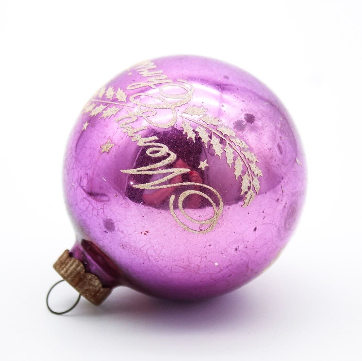 Vintage Shiny Brite Purple Merry Christmas Stencil Mercury Glass Ornament - Thumbnail 6