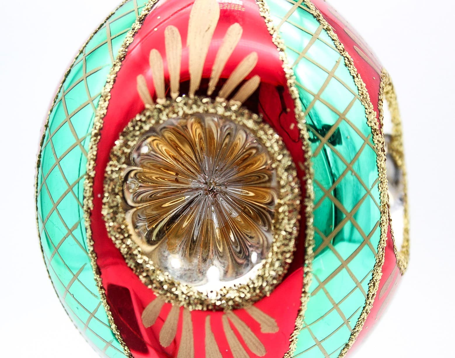 Vintage Retro Reflector Red Green Indent Blown Glass Christmas Ornament - Thumbnail 2