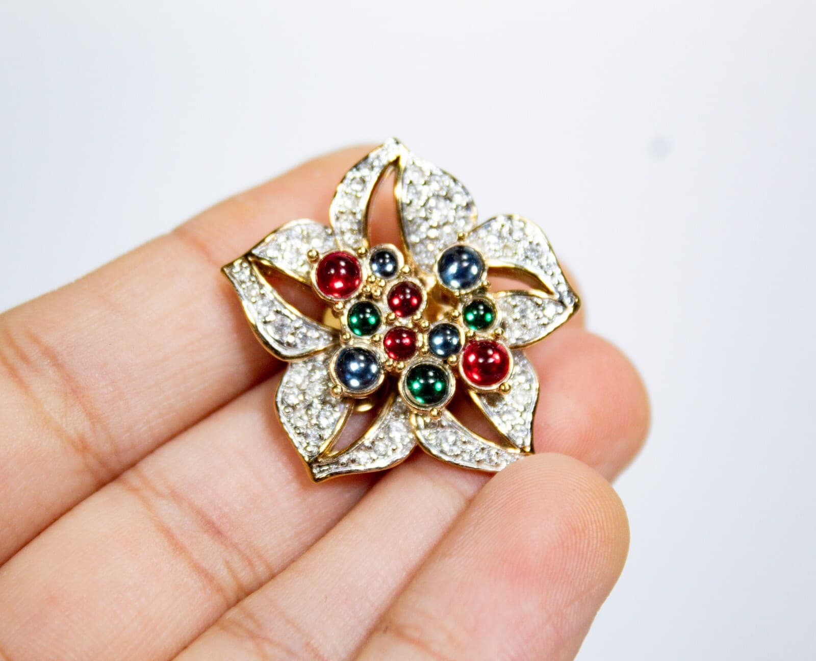 Vintage Ear Clip On Floral Motif Multicolor Cabochon Gold Tone Earrings - Thumbnail 2