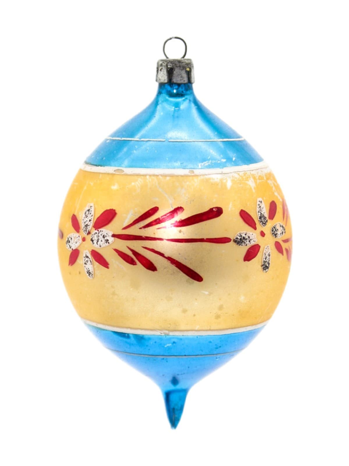 Vintage Poland Mercury Glass Blue Gold Hand Painted Floral Teardrop Ornament - Image 1