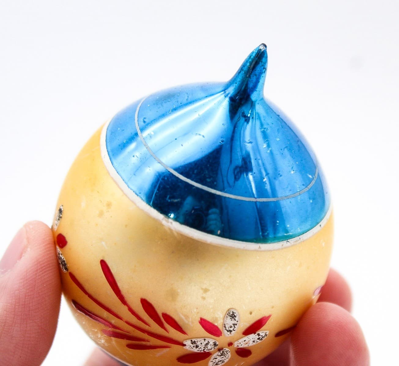 Vintage Poland Mercury Glass Blue Gold Hand Painted Floral Teardrop Ornament - Thumbnail 5