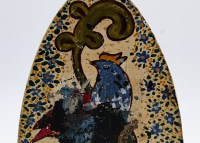 Antique Cast Iron Sad Iron Hand Painted Floral & Bird Motif Multicolor Doorstop - Thumbnail 9