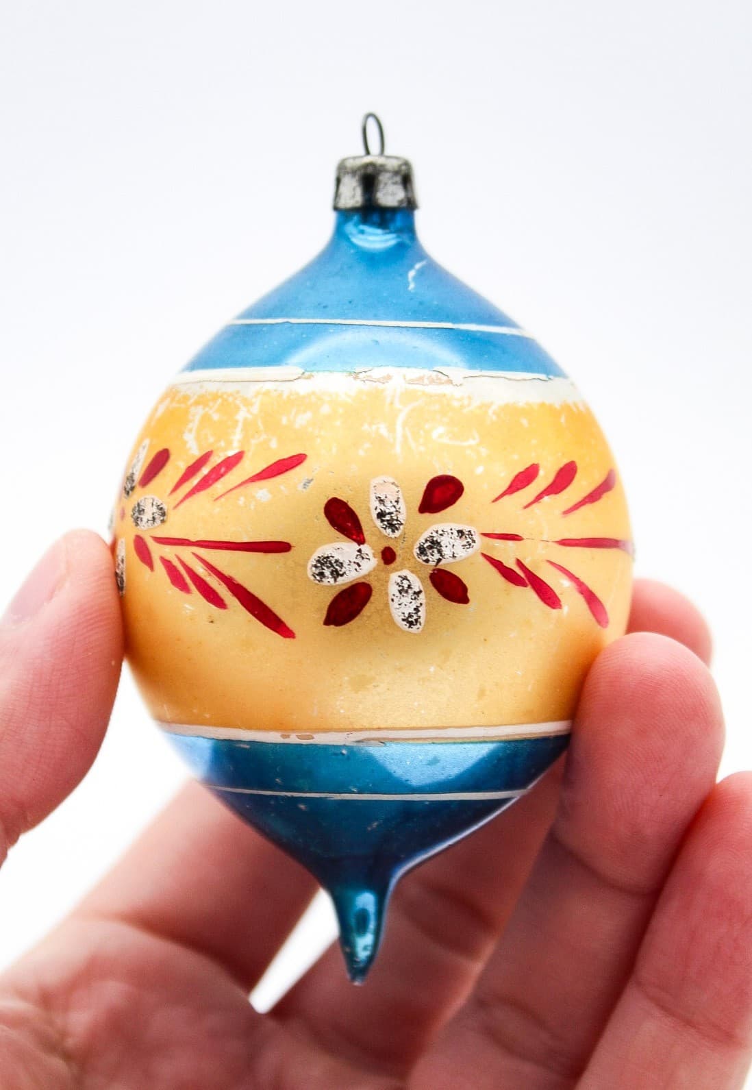 Vintage Poland Mercury Glass Blue Gold Hand Painted Floral Teardrop Ornament - Thumbnail 3