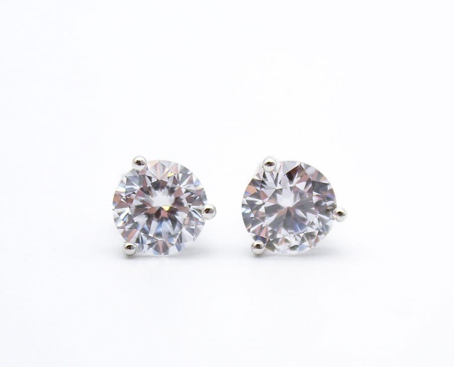 CZ Round Silver Tone 3-Prong Martini Set Solitaire Stud Earrings - Thumbnail 8